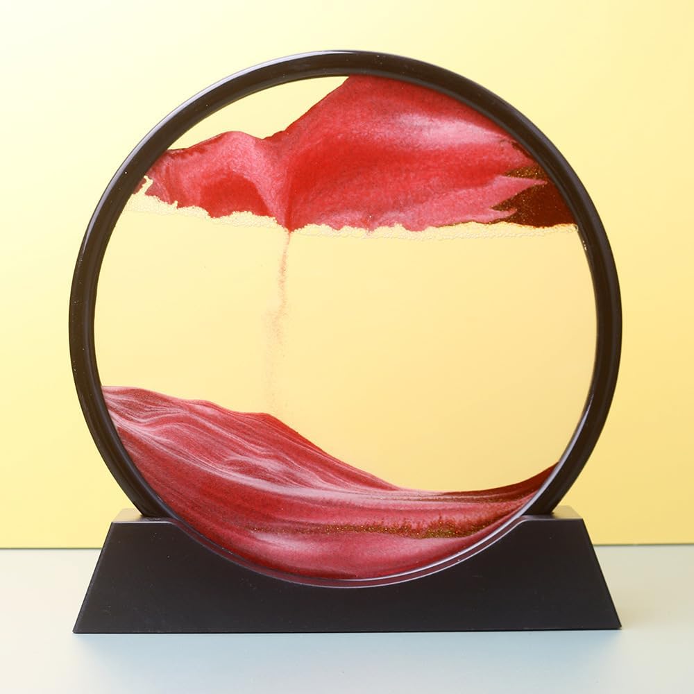 Moving Sand Art Picture in Motion Round Glass 3D Deep Sea Landscape, Dynamic Sand Art Sandscapes, Sensory Relaxing Desktop Table Decor Desk Decor Art Desk (7 inch, Red)