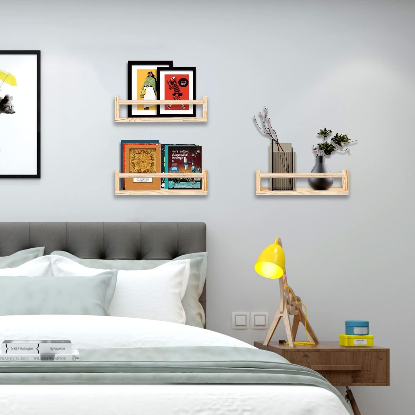 Nursery Book Shelves, 16.5 Inch Floating Bookshelves for Kids Room and Playroom Decor, Set of 3, Solid Wood Wall Mounted Shelves for Books and Toys Storage (Nature)