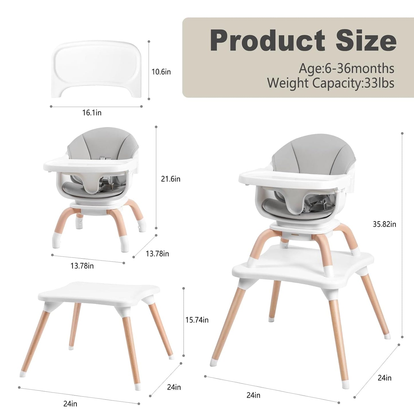 Baby High Chair, 7 in 1 Convertible High Chairs for Babies and Toddlers, Kids Learning Table, Building Block Table, Toddler Dining Chair with 360° Rotating Seat, 5-Point Safety Harness (Grey)