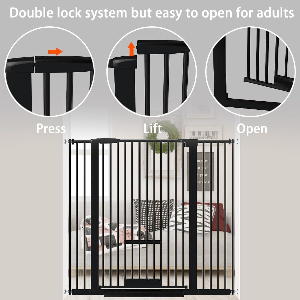 40.55" Tall 1.37" Ultra Narrow Spacing Dogs Pets Baby Gate with Door for Doorway Cat Safety Proof Indoor 30.12-61.61" Extra Wide Puppy Pressure Mounted Black Metal Hallway