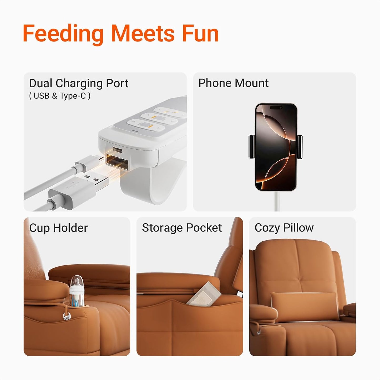 Rocking Chair Nursery with Adjustable Armrests, Electric Glider Recliner Nursing Chair for Breastfeeding, Power Swivel Recliner Chairs with USB Port and Storage, FSC Certified (Mocha)