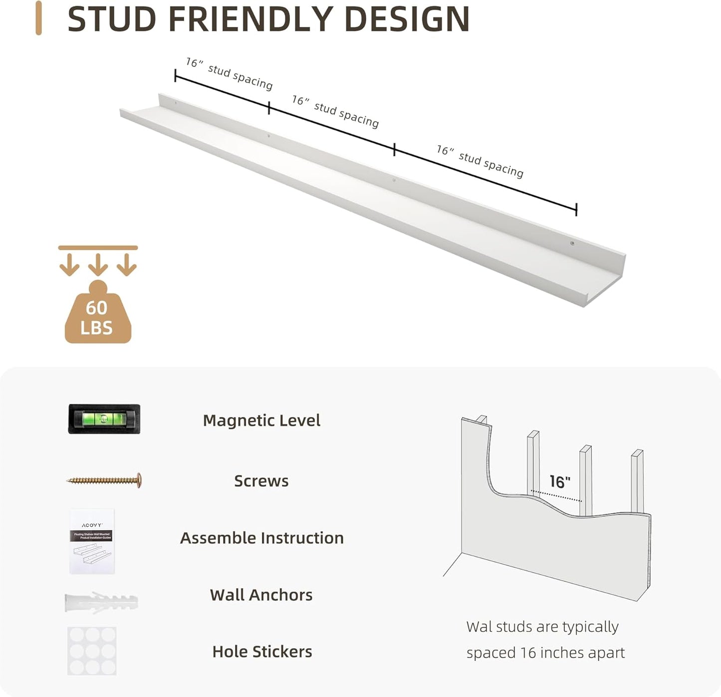 Picture Ledge Shelf, Wood Long Floating Shelves for Wall, Set of 2, 56 inch Picture Ledge Shelves, Photo Ledge Nursery Book Shelves Wall Mounted for Living Room Kids' Room Bedroom, Color White