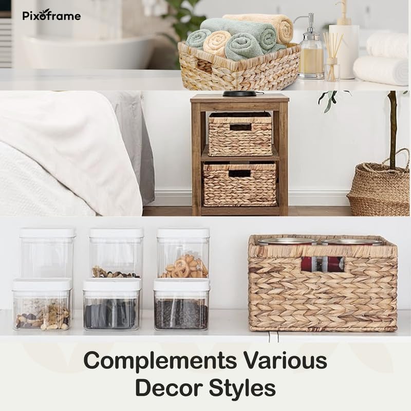 Large Rectangular Handwoven Wicker Basket - Natural Water Hyacinth Storage Baskets with 2 Built-in Handles - Ideal for Towel, Blankets, and Home Organizer & Decor - 15"x 11"x6.75" - Brown