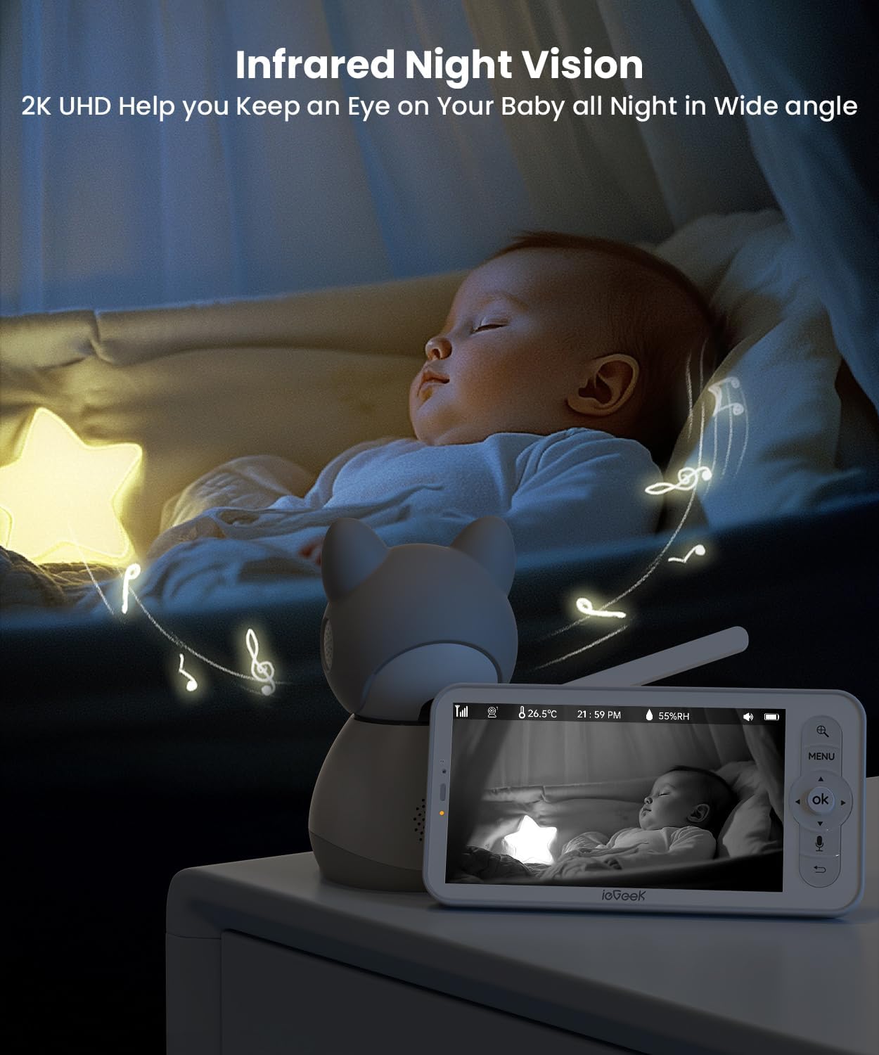 ieGeek Baby Monitor with 2 Cameras, 5" Large Screen Split-Screen Video Baby Monitor | 2K HD Non-WiFi Monitor with App & Parent Unit | Night Vision, 2-Way Audio, Cry Detection, Temperature Sensor