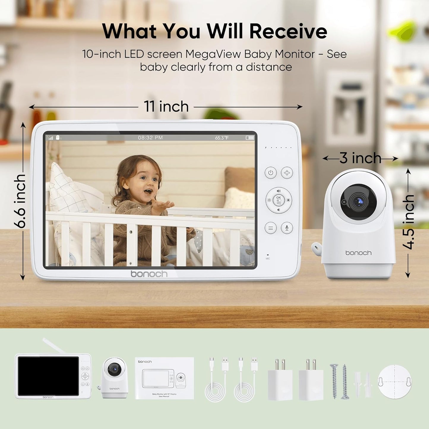 bonoch MegaView Baby Monitor No WiFi, 10" 720p Video Baby Montior with Camera and Audio, Up to Quad Split Screen, 10000mAh Battery, VOX Mode, Remote PTZ, Night Vision, for Multi-Child, Pets, Elderly