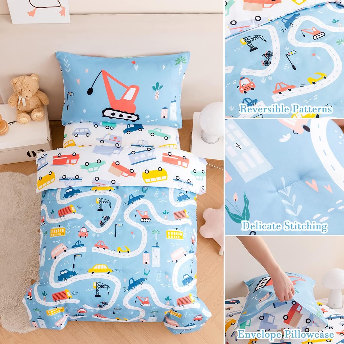 PERFEMET 4-Piece Toddler Bedding Set Boys Cars Toddler Comforter with Sheets Reversible Lightweight Blue Vehicles Toddler Bed Set for Crib(Blue, Cars)
