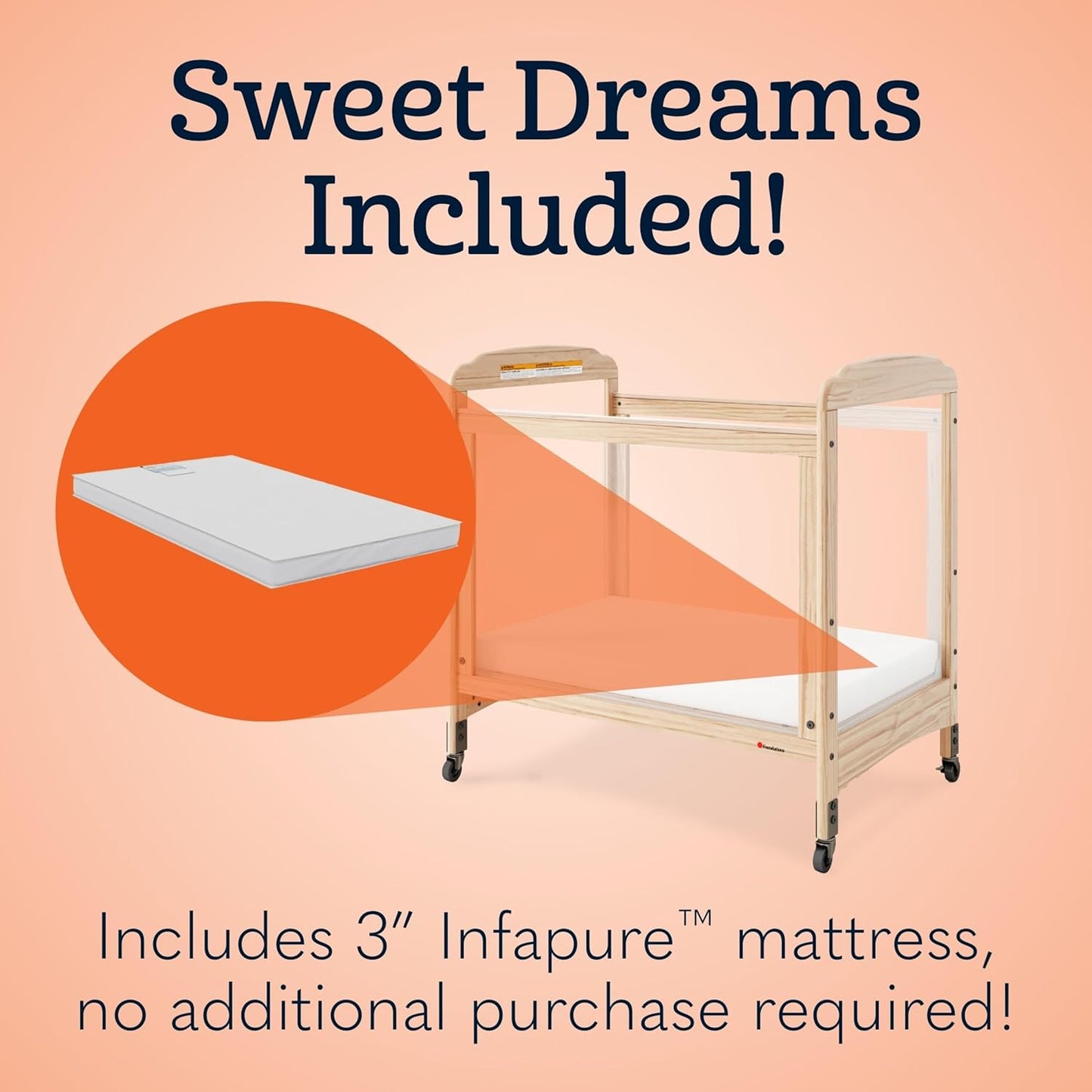 Foundations Serenity Compact Clearview Daycare Crib, Fixed Side, Durable Wood Construction, Non-Marking Casters (2 Locking), Includes 3” InfaPure Foam Mattress (Natural)