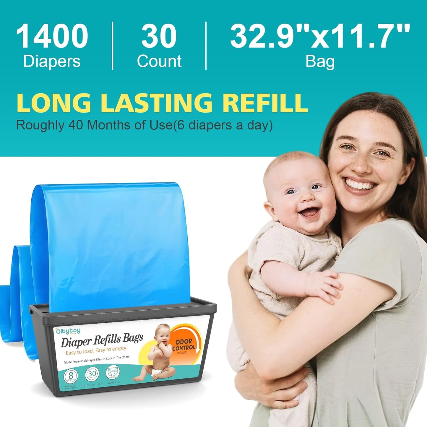 Refills Compatible with Diaper Genie Easy Roll Signature & Platinum Diaper Pail,5-Pack (150 Bags) for 7000 Newborn Diapers,7-Layer Powerful Odor Control.Extra Thickness,Durable & No Tear