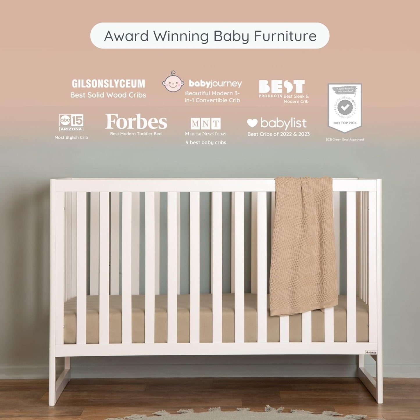 dadada Austin 3-in-1 Convertible Crib to Toddler Bed & Daybed - Made in Italy, GREENGUARD Gold Certified, Baby-Safe Finish, Sustainable Beech Wood, Modern Design, 3 Adjustable Heights (White)