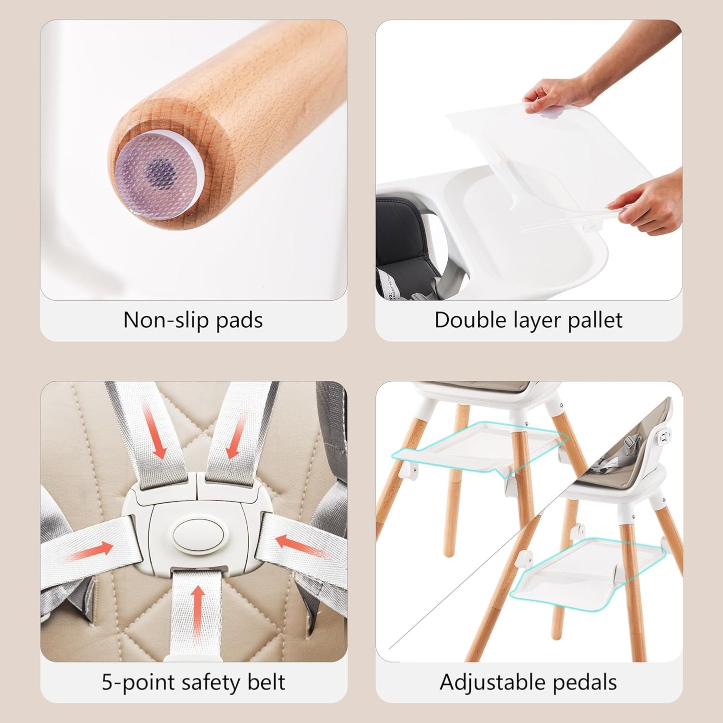 Baby High Chair, Highchair for Baby & Toddler, Easy Clean Infant Highchair, 6 in 1 Feeding High Chair with Removable Double Tray and Waterproof PU Cushion, Wooden Legs, Champagne