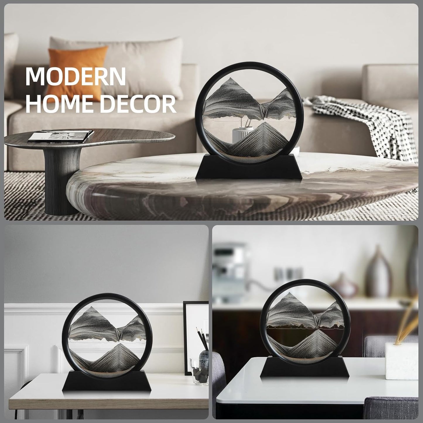 KPNUWN Moving Sand Art Liquid Motion, 3D Deep Sea Sandscape Color Quicksand Decor, Round Glass Moving Sand Art Picture Relaxing Desktop Home Office Work Decor (7 inch-Black)