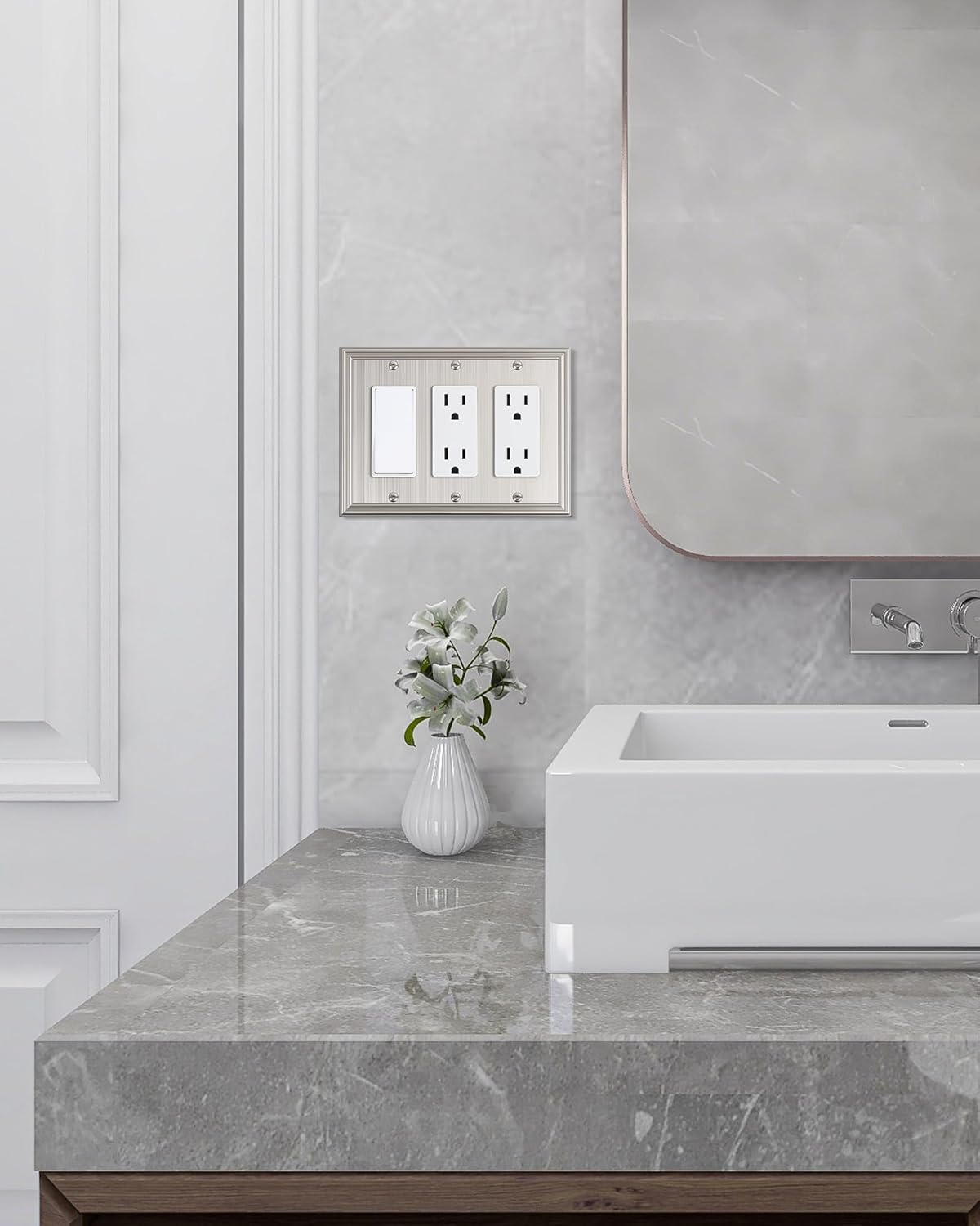 2-Pack Decorative Tripple Decorator Outlet Cover Plate, Durable Zinc Alloy Brushed Nickel Wall Plates for Electrical Outlets, Receptacle, GFCI Outlet, Dimmer Switch, 3-Gang