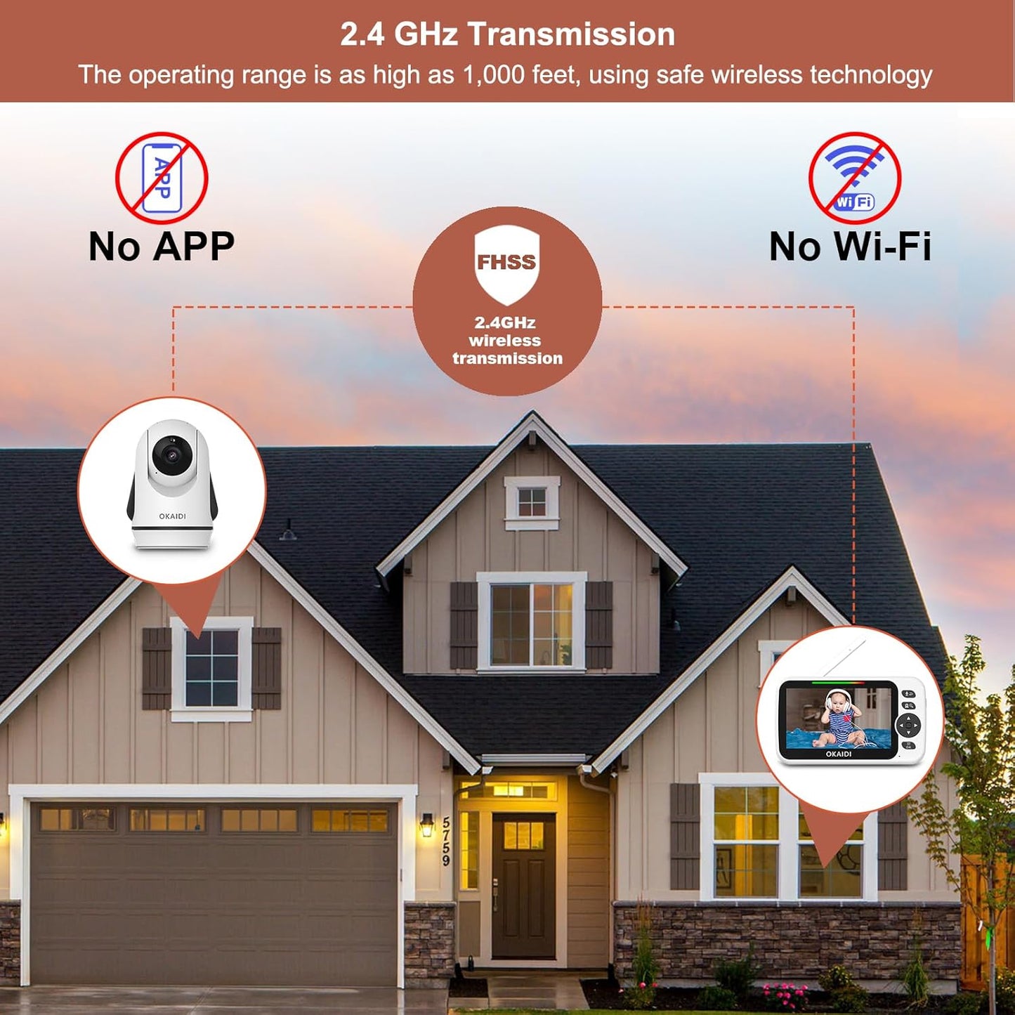 Video Baby Monitor with Camera and Audio, 5" Display Baby Monitor No WiFi, 30H Battery and 1000ft Range, Remote Pan-Tilt-Zoom Baby Camera, Night Vision, 2-Way Talk, ECO, Temperature, Lullaby