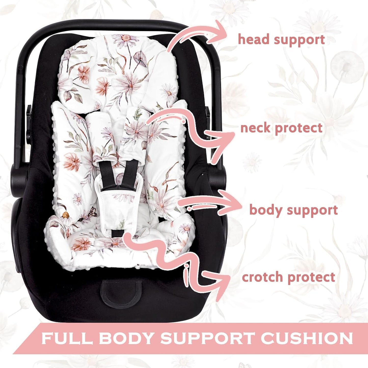 Infant Car Seat Insert and Strap Covers, Very Soft Car Seat Head Support Baby Girl Boy, Reversible Newborn Carseat Insert Cushion Fits for Stroller, Baby Swing, Bouncer (White Flower)