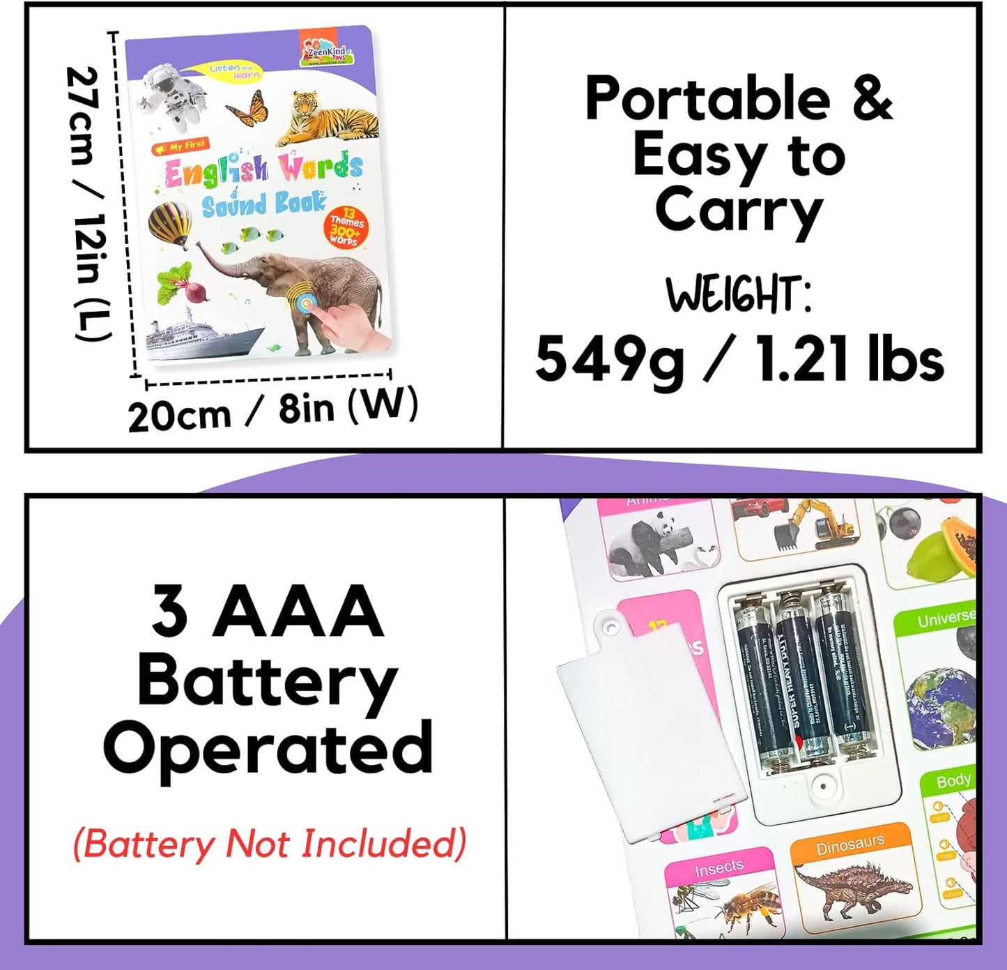 ZeenKind English Learning Talking Book for Kids 2 3 4 5 6 Years Old, 300+ Words Interactive Audio Sound Books for Toddlers, Early Learning Educational Electronic Musical Toy