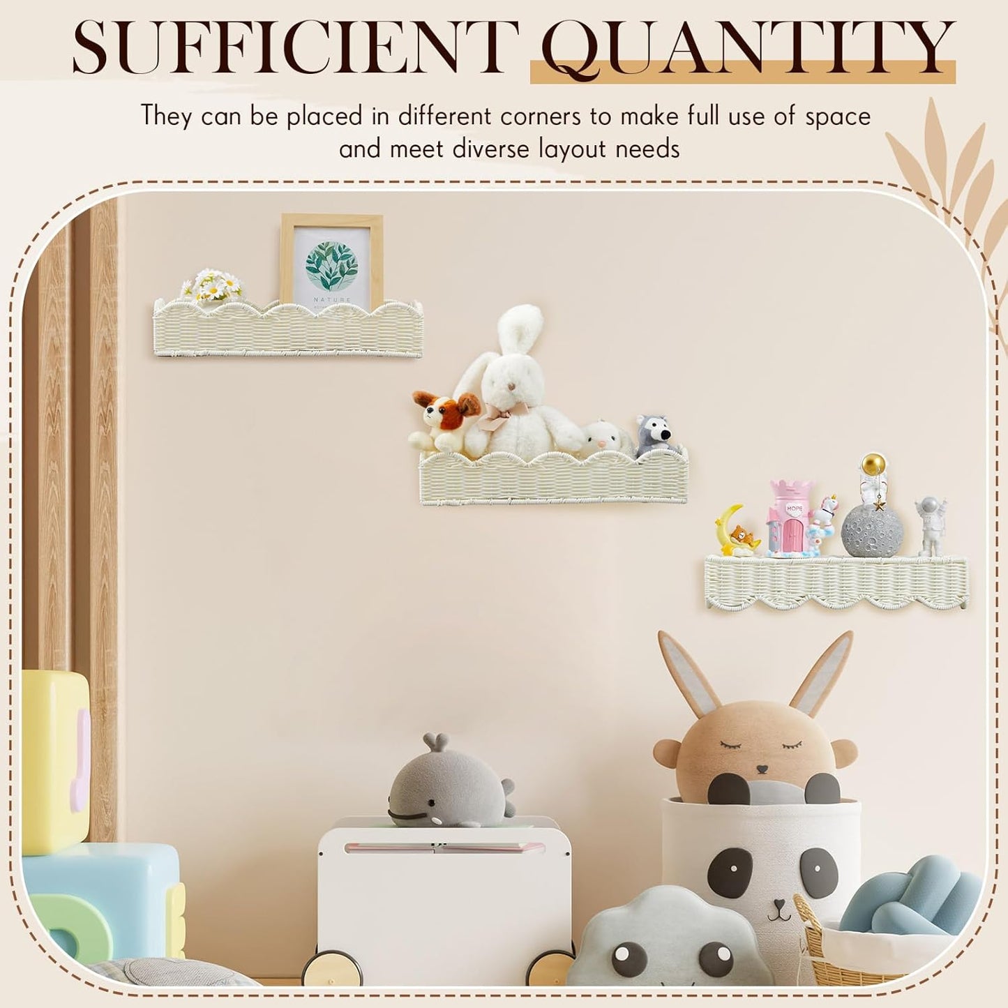 Pinkunn 3 Set Nursery Book Shelves Scalloped Rattan Wall Shelf 15.8 x 3.2 Inch Wall Mounted Plastic Floating Book Shelve, Hanging Boho Wicker Woven Shelf for Nursery Decor and Storage (Classic White)