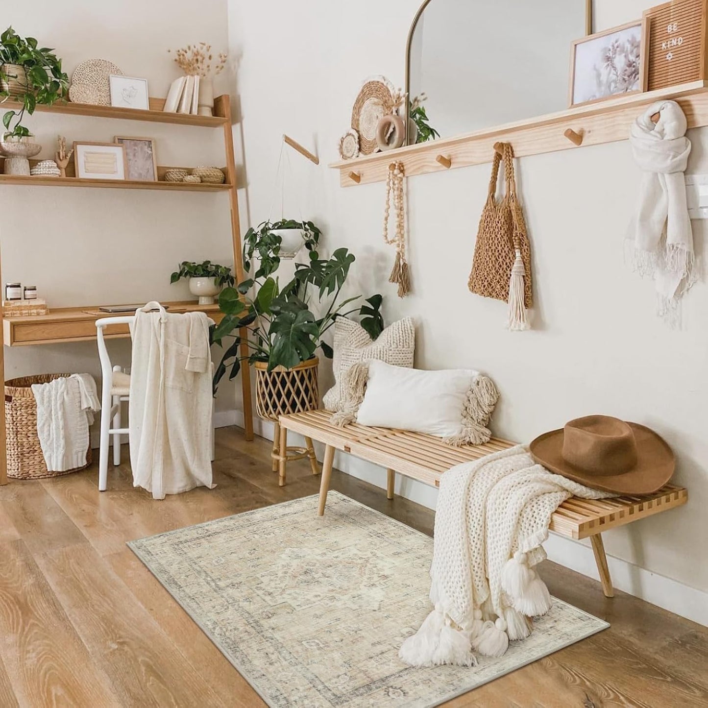 LIVEBOX Washable Rug 2x3 Kitchen Mats for Floor Entryway, Non Slip Front Door Mat for Bathroom Hallway, Boho Low-Pile Small Carpet Farmhouse Throw Indoor Rugs for Bath Sink, Tan