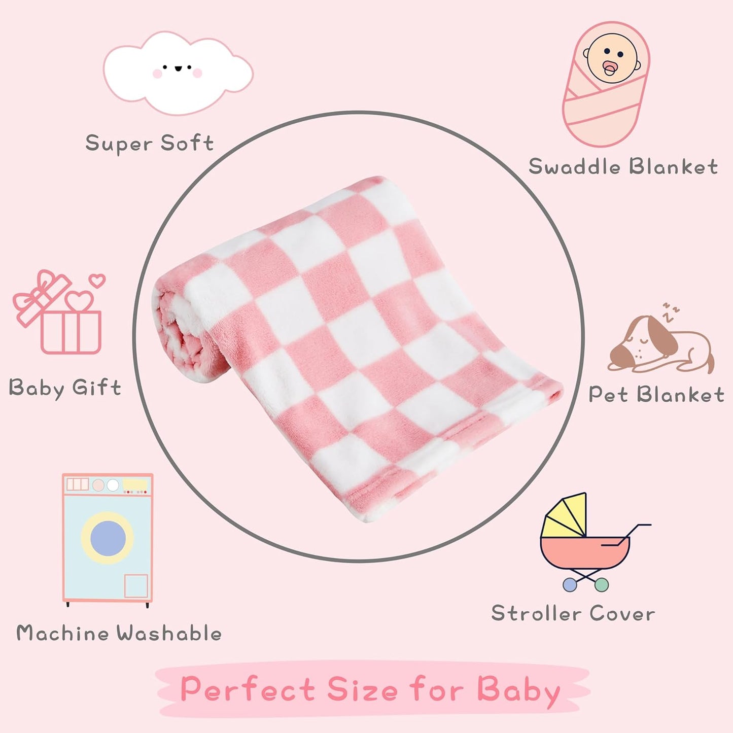 Yurhap Checkered Baby Blanket for Girls Pink Fleece Baby Blankets for Girls Boys, Warmer Comfort Lightweight Bed Blanket for Toddlers Infants or Newborn, 30''x40'', Pink