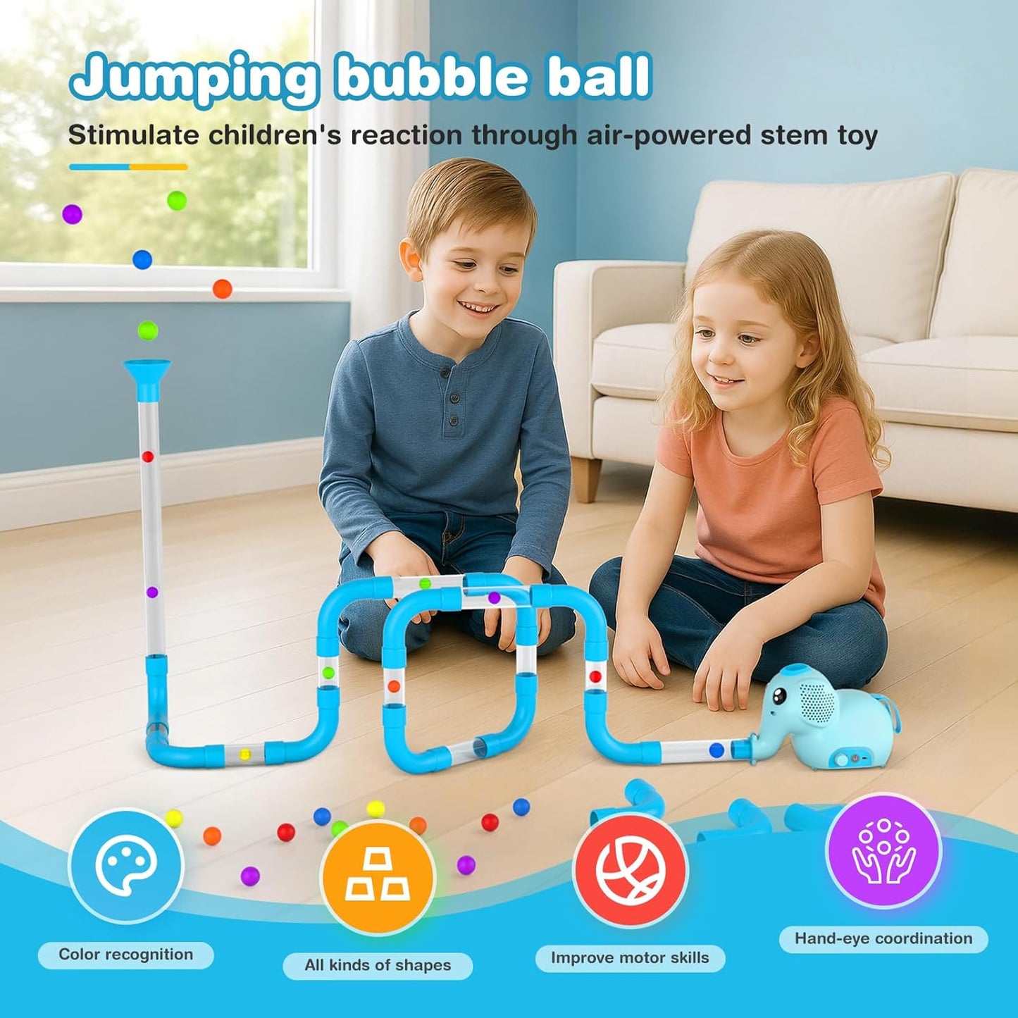 STEM Air-Powered Building Toys for Kids Ages 3 4 5 6 7 8+β Educational Air Tubes Toy& Turbine Set with 30 Foam Balls β Rechargeable Construction Kit for Boys & Girls β Fun Science Gift for Teens