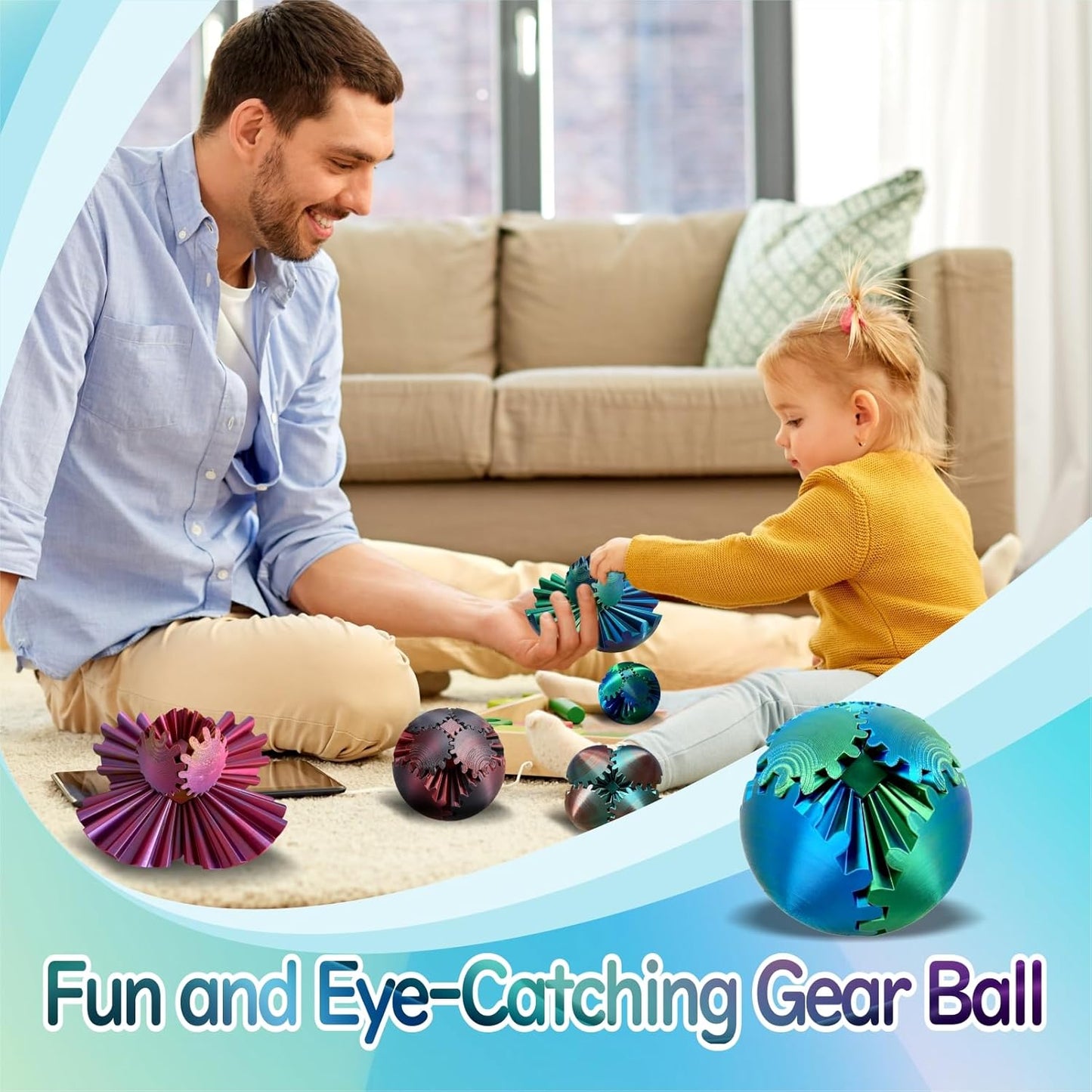 Gear Ball - GearSphere Fidget Toy, 3D Printed Gear Ball Spin Ball Cube Desk Toy, 2024 Gear Sphere Cube Puzzlefor Adults Kids, Stress and Anxiety Relaxing Fidget Toy (Blue-Green)