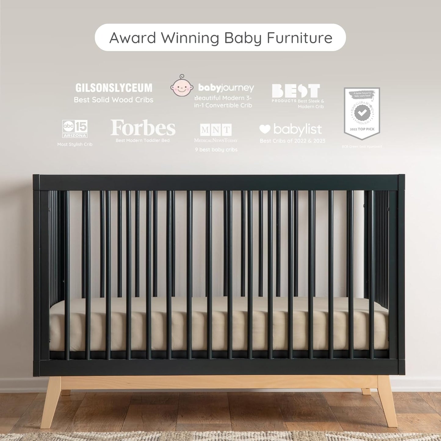 dadada Baby Soho 3-in-1 Convertible Wooden Crib to Toddler Bed - Made in Italy, GREENGUARD Gold Certified, Baby-Safe Finish, Sustainable Beech Wood, Modern Design, 3 Adjustable Heights (Black/Natural)