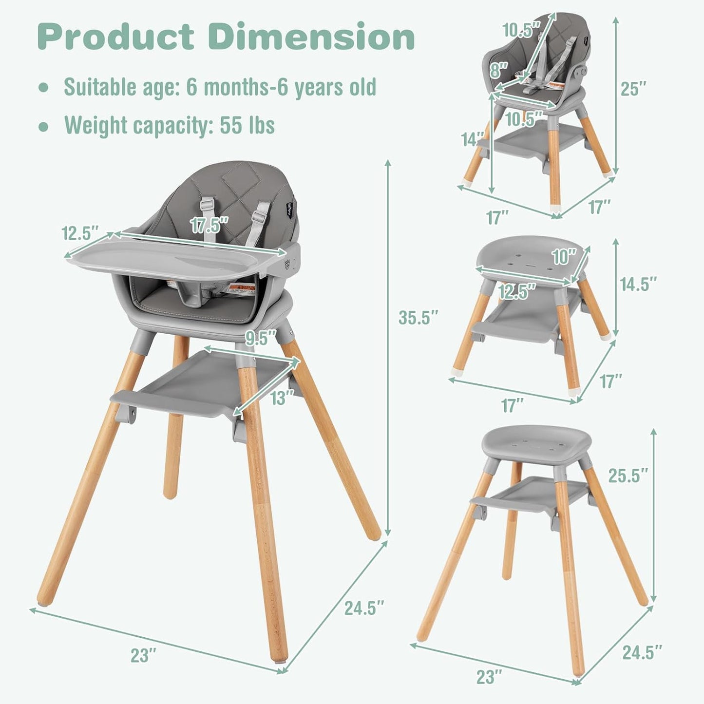 BABY JOY Baby High Chair, 6 in 1 Convertible Wooden Highchair for Babies & Toddlers with Adjustable Legs, Removable Double Tray, Safety Harness & Waterproof PU Cushion (Gray)