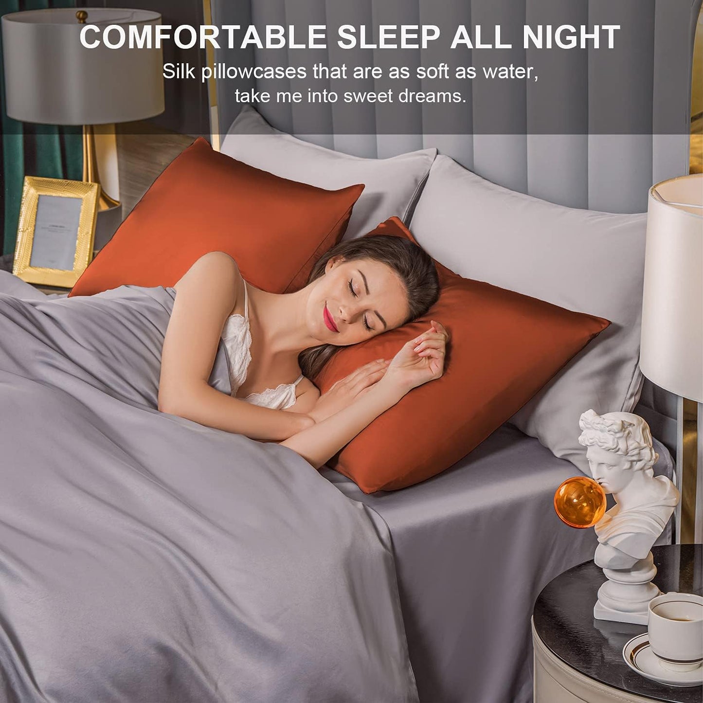 Mulberry Silk Pillowcase for Hair and Skin,Queen Size Cooling Silk Pillow Case with Hidden Zipper,Allergen Proof Dual Sides Soft Breathable Smooth Silk Pillow Cover for Women(Queen,Orange)