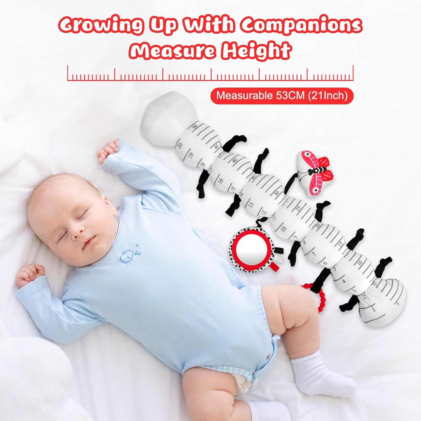 Baby Toys 0-12 Months - Musical Caterpillar Stuffed Animal Soft Plush Toys for Infant Girls Boys 3 6 12 Months Tummy Time Sensory High Contrast Black White Newborn Toys Gifts, W/ Mirror Rattle