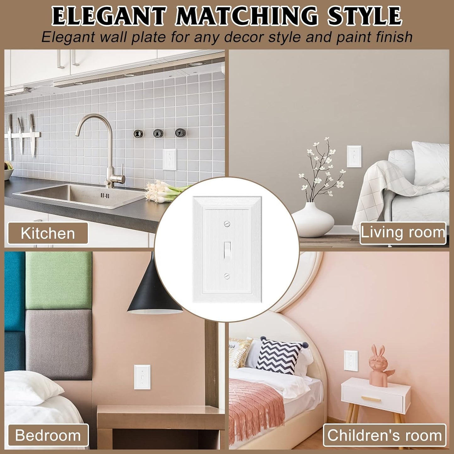 Modern Decorative Wall Plate Switch Plate Outlet Cover, Vintage Retro Wood Grain Design(Single Toggle-4 Pack, White)