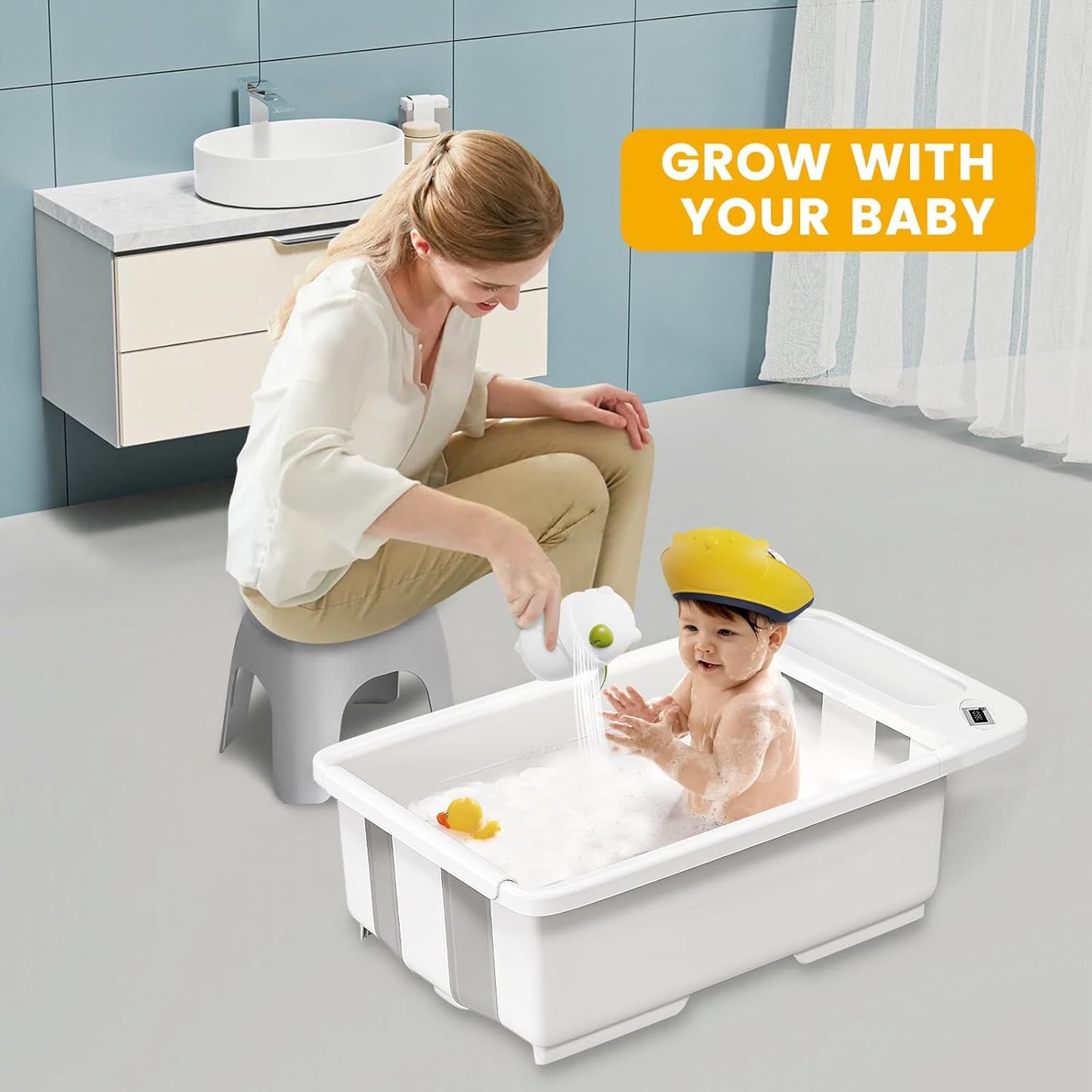 Collapsible Baby Bathtub with Smart Temperature Display, Portable Travel Bathtub, Ideal for 0-36 Months Infants