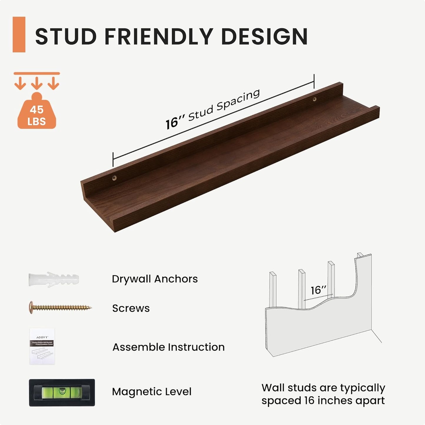 Solid Ash Wood Picture Ledge Shelf, 24 Inch Floating Shelves with Lip Set of 2, Photo Ledge Shelf Nursery Bookshelf Wall Mounted for Living Room Bedroom Decor, Walnut