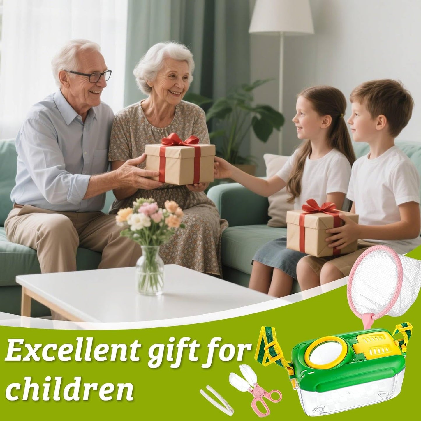 2 Set Bug Catcher for Kids- Educational Bug Catching Kit Including Butterfly Net, Insect Clip, Tweezer, Outdoor Toys for Kids Ages 3-10 (Pink & Green)