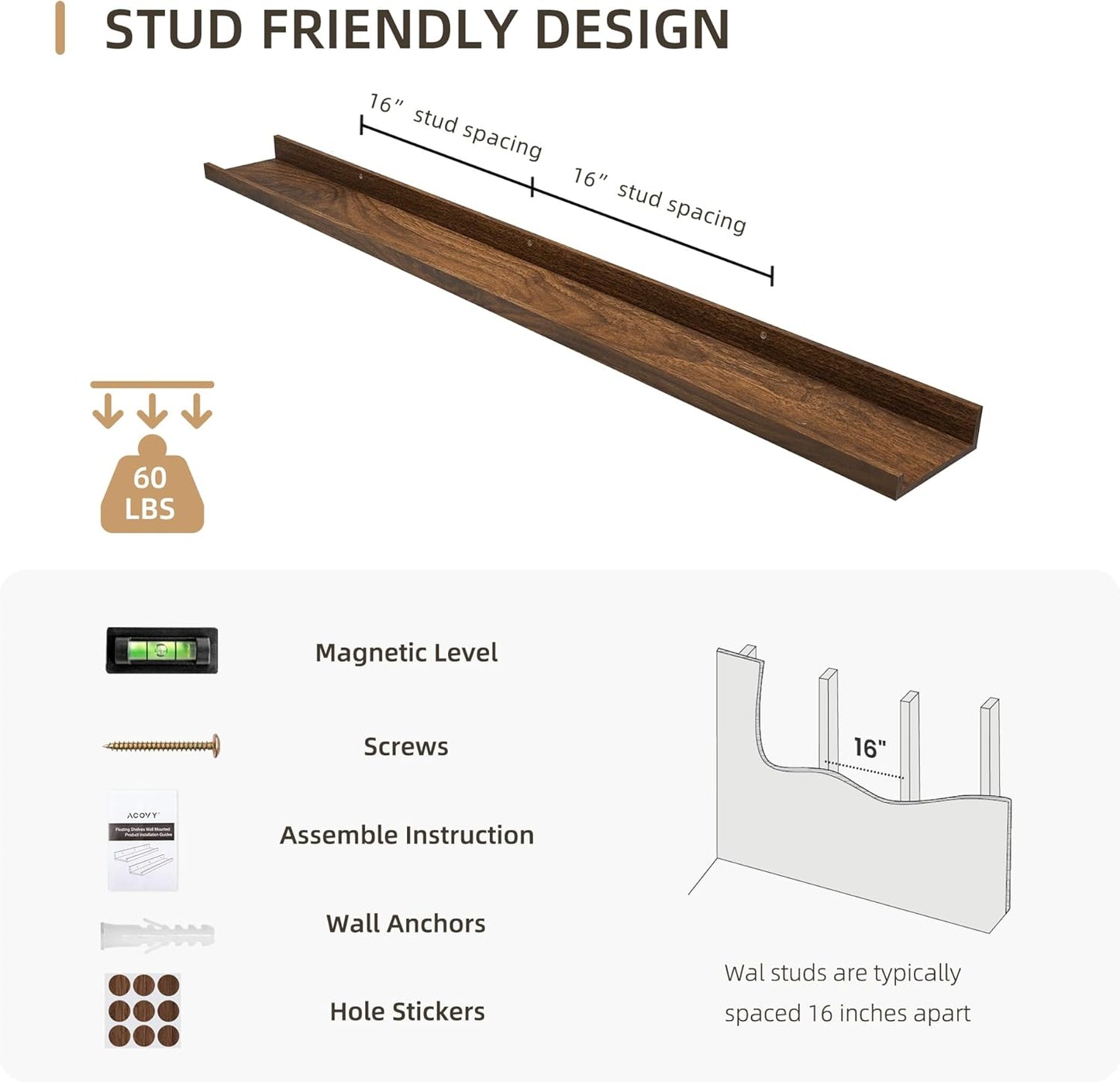 Picture Ledge Shelf, Wood Long Floating Shelves for Wall, Set of 2, 48 inch Picture Ledge Shelves, Photo Ledge Nursery Book Shelves Wall Mounted for Living Room Kids' Room Bedroom, Color Walnut