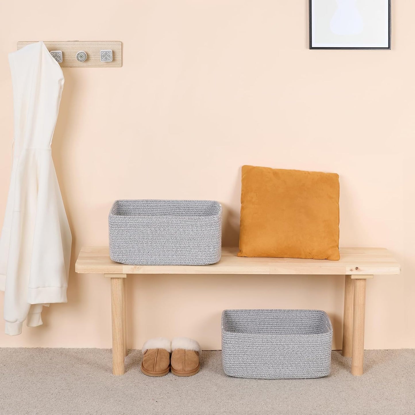 Large Storage Baskets for Shelves, Closet Organizers Bins for Clothes Blanket Towels, Baby Nursery, Toy Baskets Box, Woven Rope Baskets, 17 x 13 x 7.5”, 2 Packs Mixed Grey