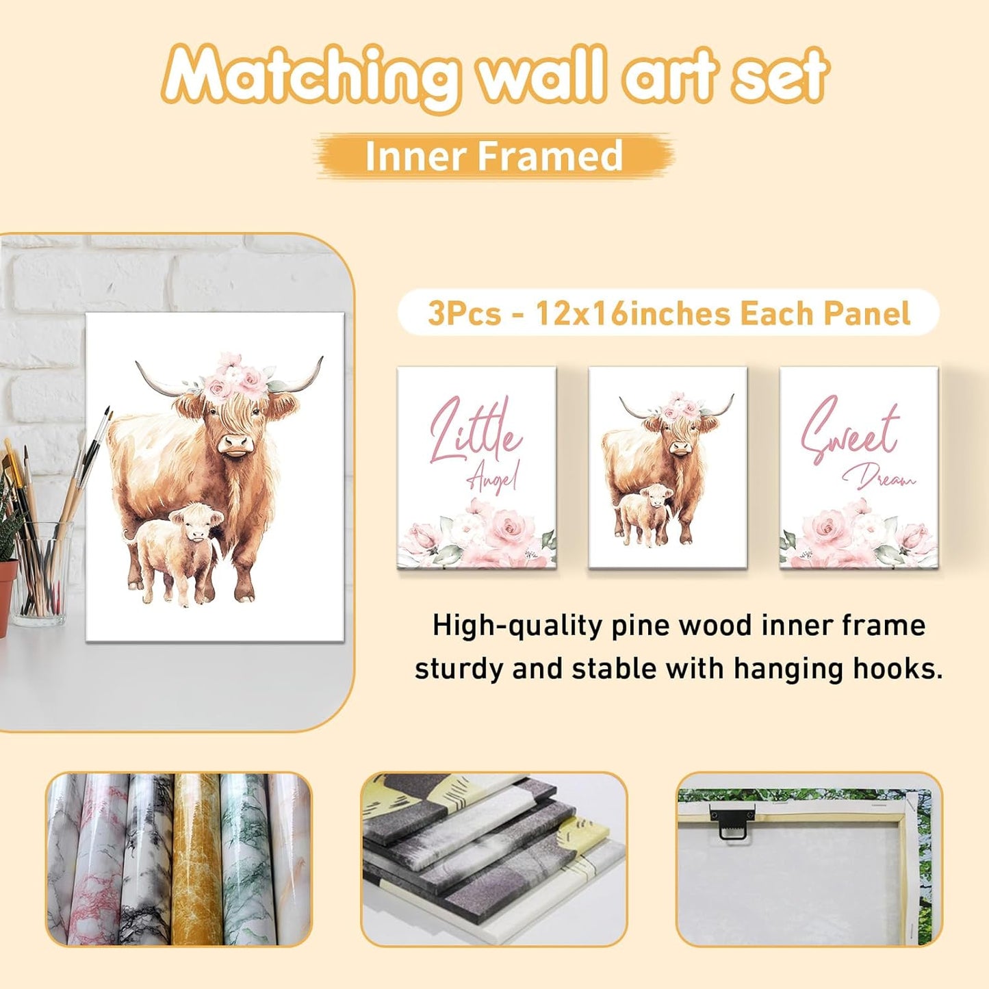 Personalized Baby Crib Bedding Set, 5 Pcs Custom Name Nursery Bedding Set, Pink Highland Cow Baby Bedding Set for Girl, Double Layer Baby Crib Sets, Customized Gifts for Toddlers Kids Infants