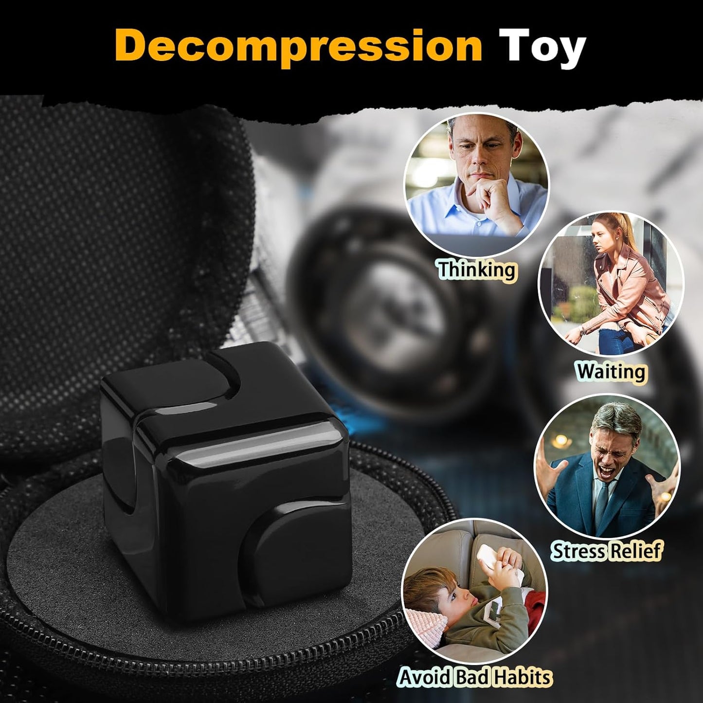 Fidget Spinner Toys Cube for Kids Adults, Metal Fidget Block Sensory Focus Toy Valentine Gift, Transformable Fingears Stress Relief Easter Stuff EDC Desktop for Boy Girl Teens Men(Black)