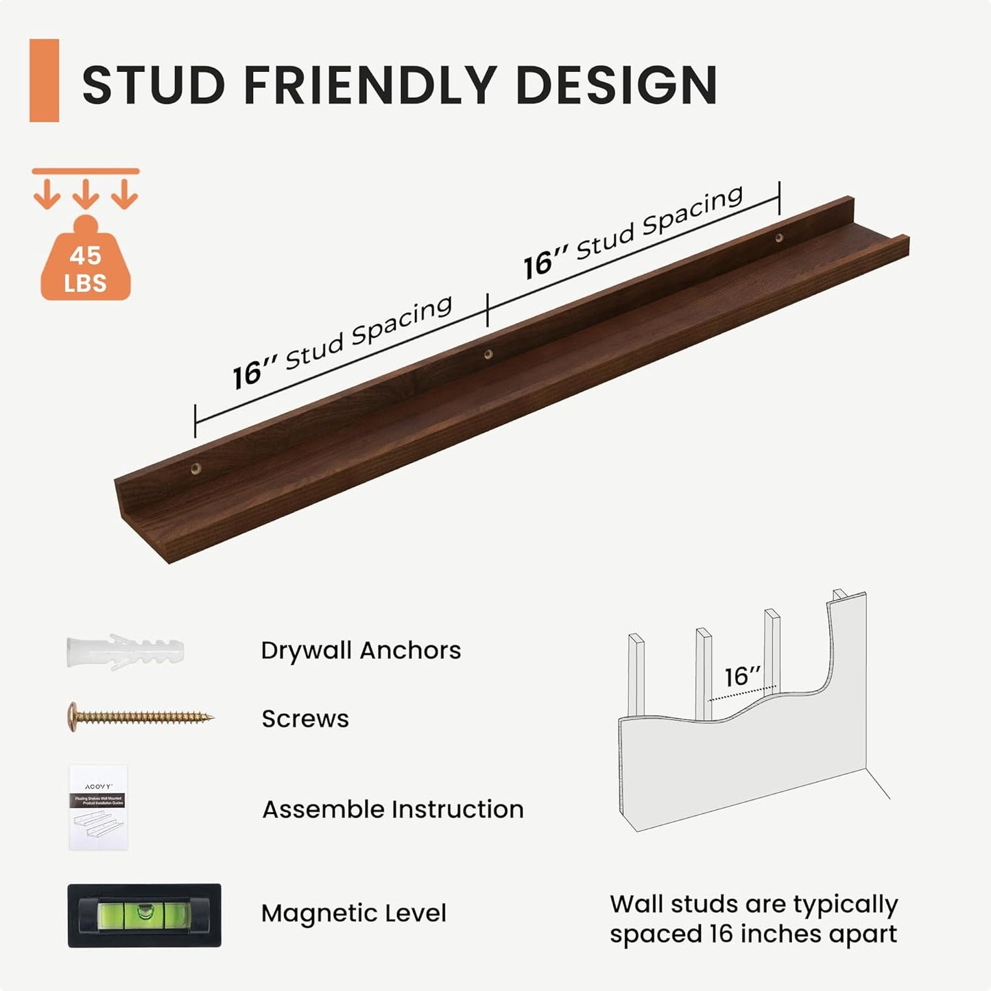 Solid Ash Wood Floating Shelves, Wood Picture Ledge Shelf Set of 2, 48 Inch Long Large Photo Ledge Shelves, Nursery Book Shelves Wall Mounted for Living Room Kids' Bedroom Decor, Color Walnut