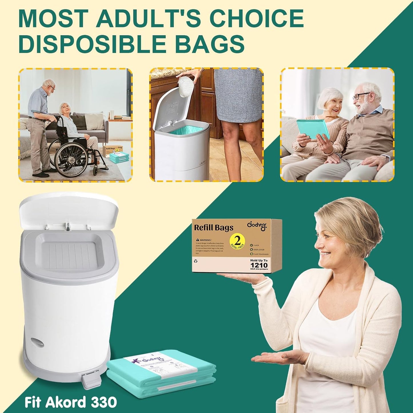 Adult Diaper Liner Refills Compatible with Janibell Akord 330 Slim 2 Pack for 1210 Diapers(Extra 10% Length&30% Thickness) Incontinence Disposal System Plant Scent to Eliminate Waste/Odor Resistant