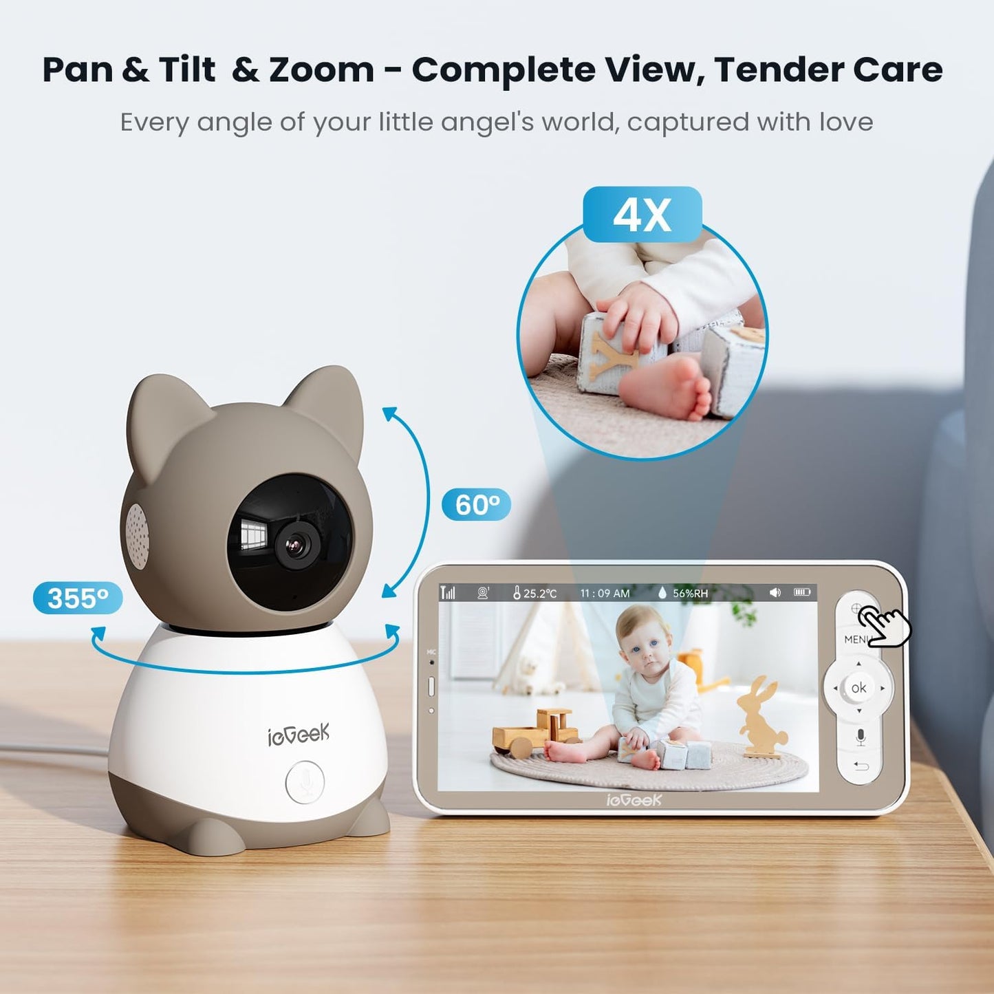 ieGeek Baby Monitor with 2K Camera and Audio - Video Monitor with 5" Screen - Night Vision, Two-Way Talk, Cry & Motion Detection, Temper& Humidity Sensor, PTZ, Remote Control via Screen and Free APP