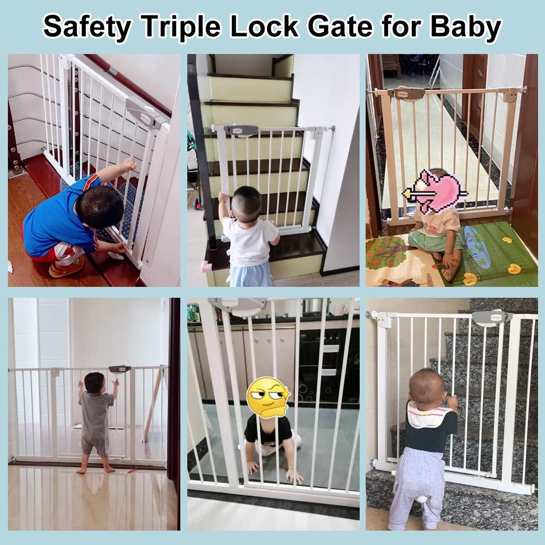 WAOWAO Triple Lock 49.21-66.54" Baby Gate Extra Wide Pressure Mounted Walk Through Swing Auto Close Safety White Metal Dog Pet Puppy for Stairs,Doorways,Kitchen