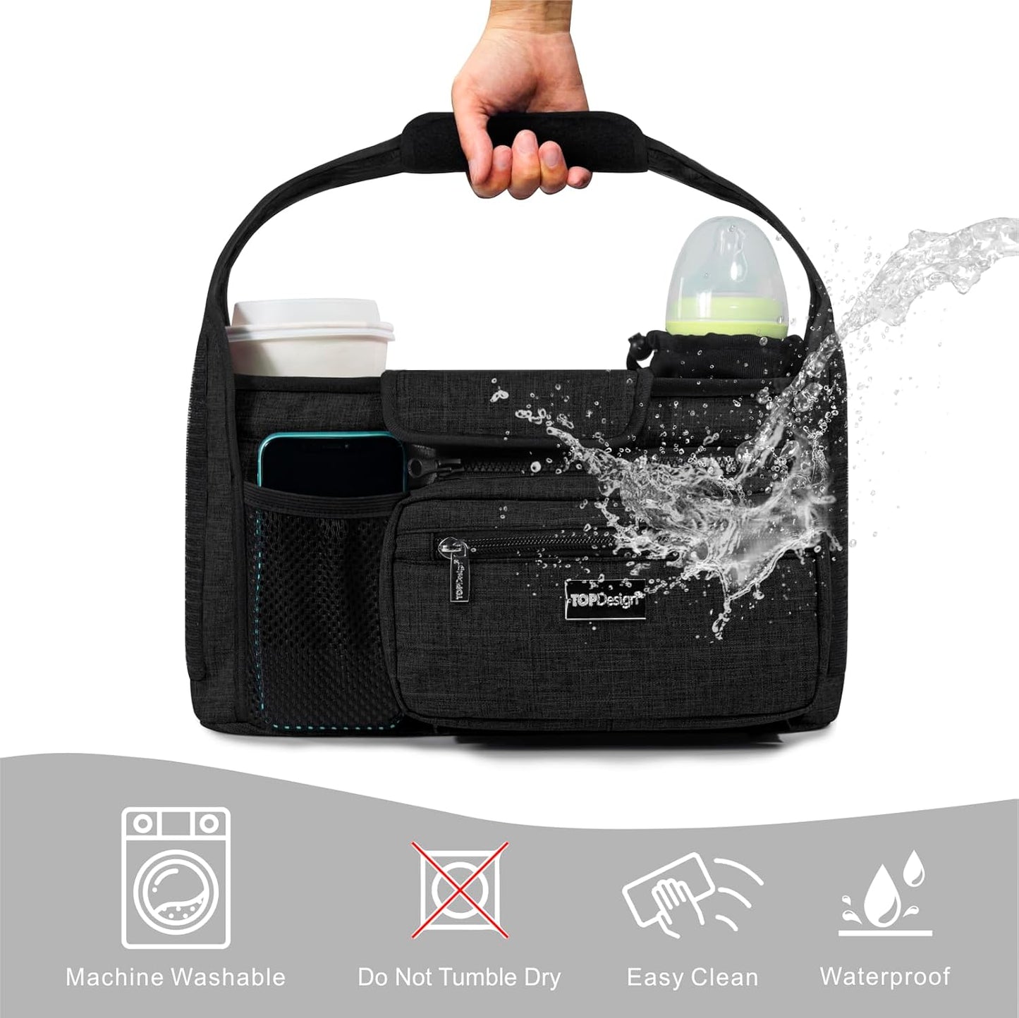 TOPDesign Universal Baby Stroller Organizer, Stroller Caddy with Detachable Mesh Bag & Heightened Insulated Cup Holders & Non-Slip Secure Hooks Accessories, Fits Most Strollers (Zoo)