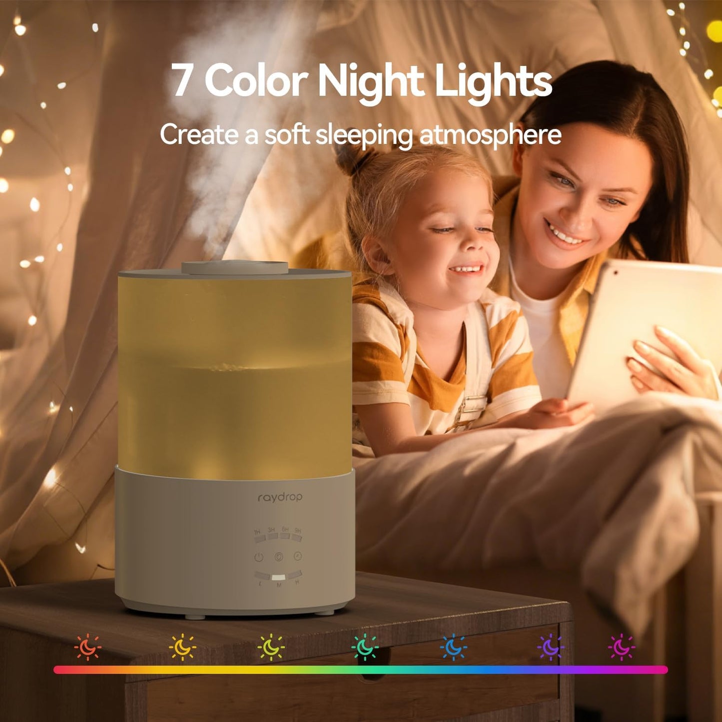 raydrop Humidifiers for Bedroom, 3.0L Cool Mist Humidifiers for Large Room & Home, Top Fill Air Humidifier for Baby Nursery & Plants, Essential Oil Diffuser with Color Lights, Timer, Auto Shut-Off