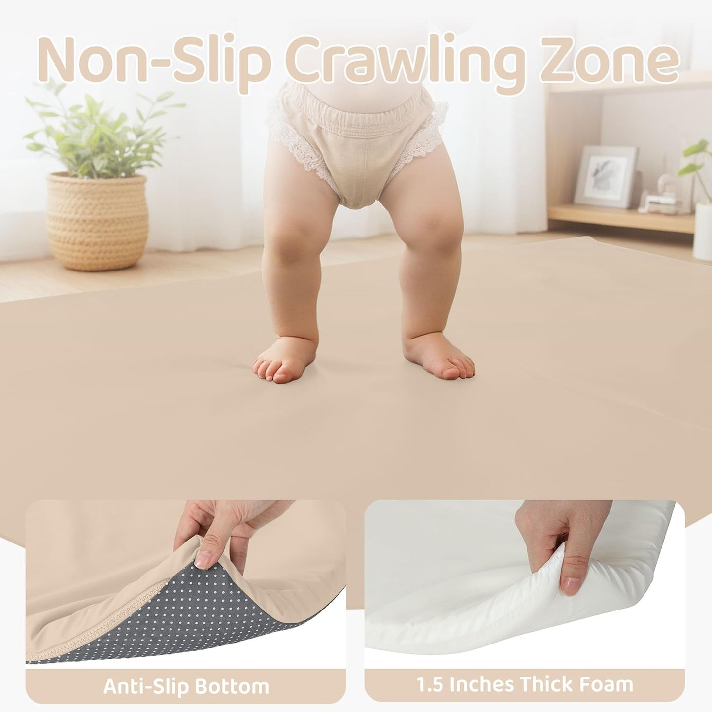 Bella’s Friends Foldable Baby Play Mat for Floor, 50"x50" Vegan Leather Playpen Mat, 1.2" Extra Thick Foam, Non-Toxic, Wipe-Clean, Travel-Ready, Non-Slip Crawling Mat for Kids Toddlers&Infants, Beige