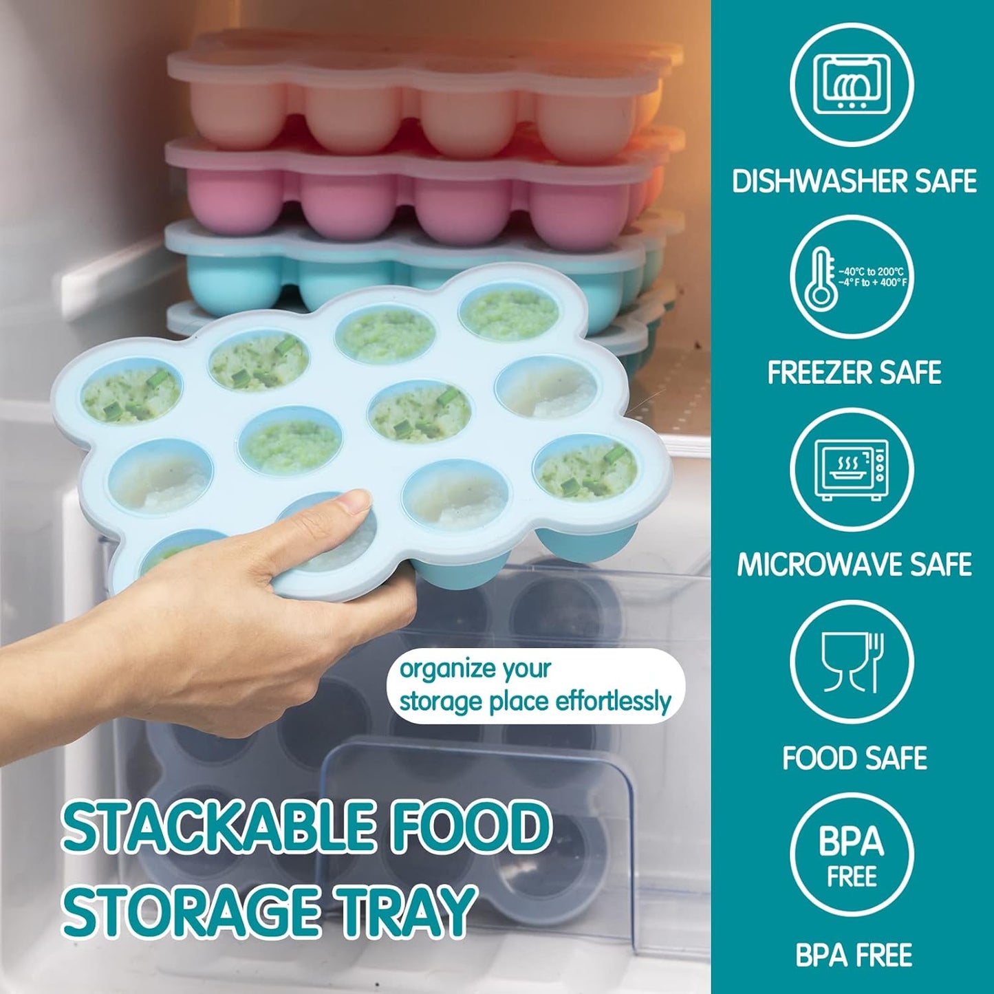 Baby Food Freezer Tray with Clip on Lid, 12 x 1.5 Ounce Baby Food Storage Container, Silicone Freezer Molds for Homemade Baby Food, Fruit Purees & Vegetables (Teal Blue)