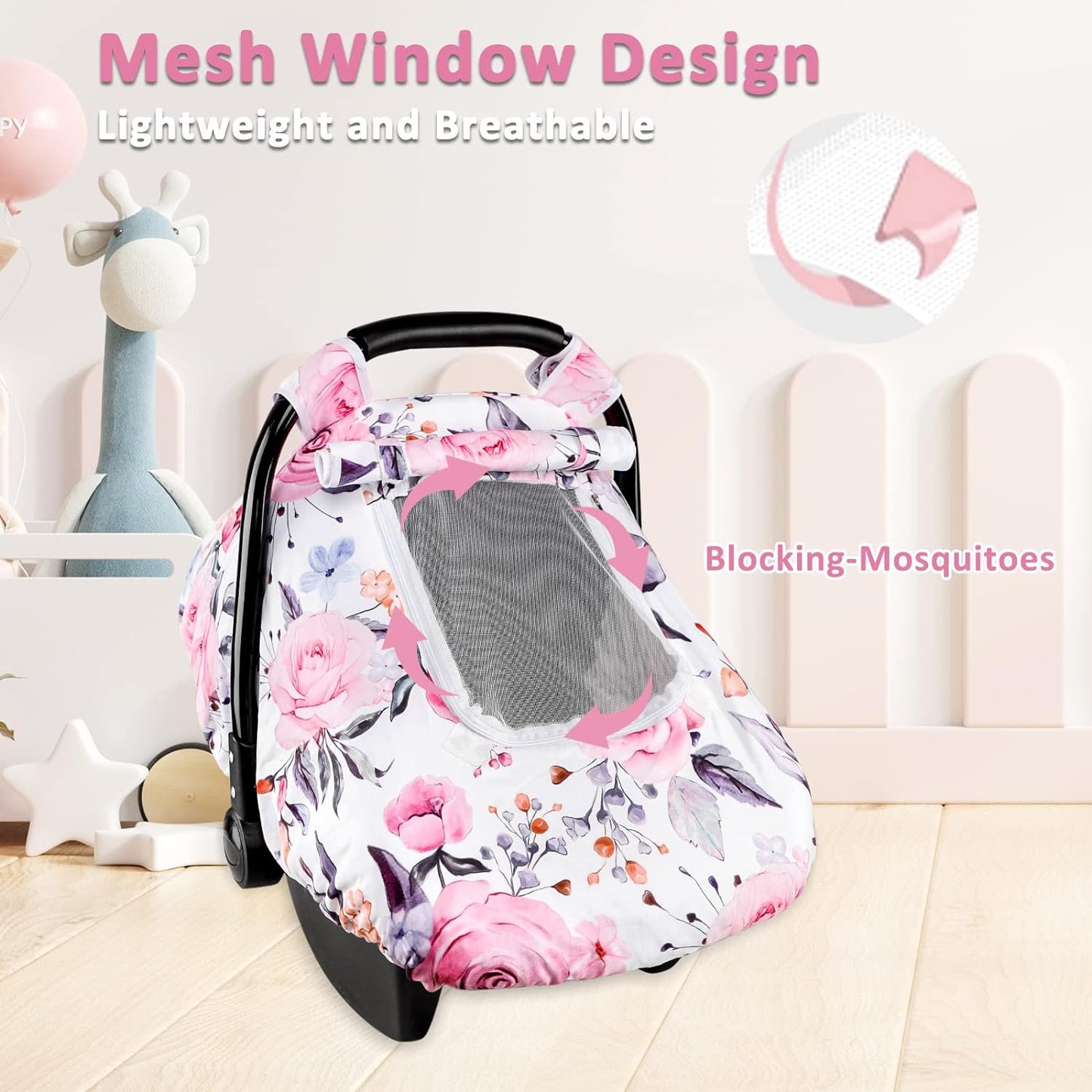 Floral Baby Carseat Cover Girls, Pea Pod Infant Car Seat Covers Canopy for Newborn with 2 Layers Windows of Breathable Mesh/Fabric, Lightweight Polyester/Minky Dot Backing, Snug Fit Most Baby Car Seat