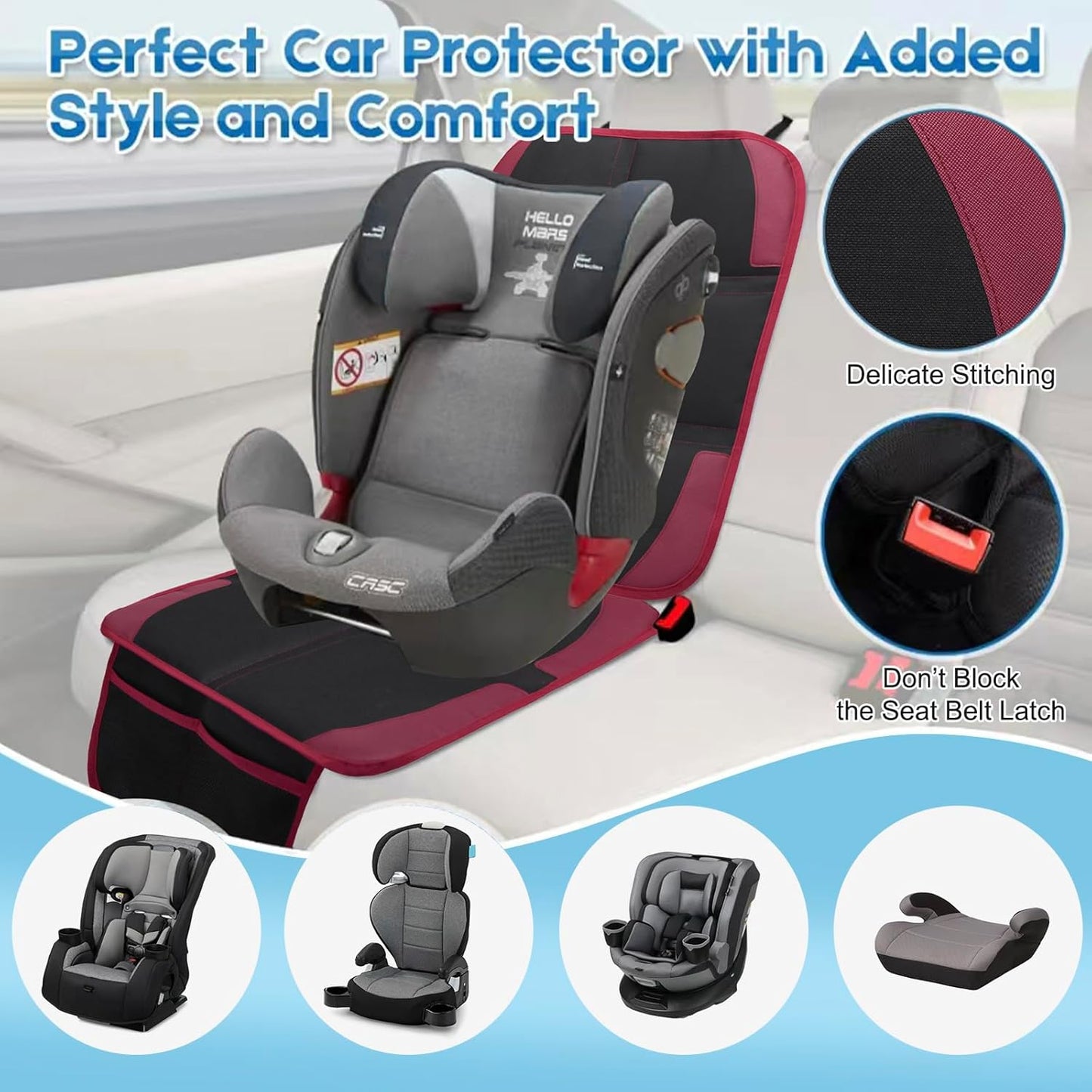 Car Seat Protector for Child, 2 Pack With Mesh Pockets & Non-Slip Backing 600D Durable Under Baby Seat Cover for Back Seat (Burgundy, Standard)