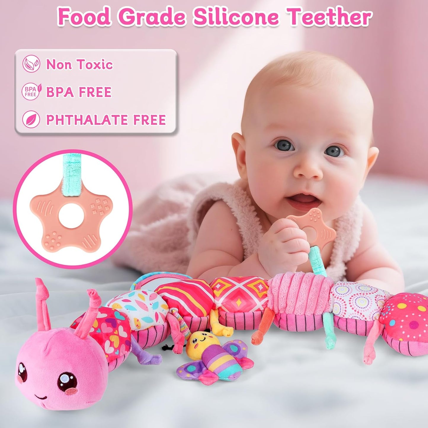 Baby Girls Toys 6-12 Months - Infant 6-in-1 Sensory Music Animal Stuffed Caterpillar Toy with Rattle & Mirror Crinkle for Tummy Time, Newborn 0 3 6 9 12 18 Shower Gifts Soothing Companion Toys, Pink