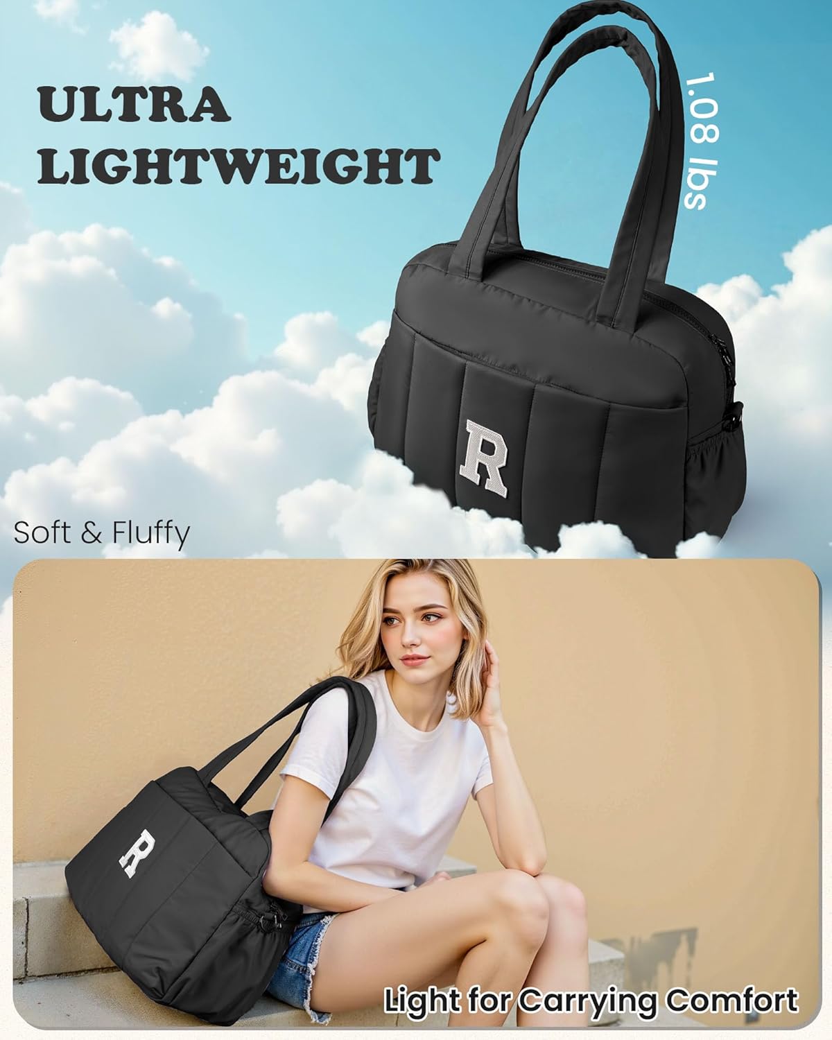 Women Duffle Bag with Initial, Personal Item Travel Bags,Gym Bag with Wet Pocket,Lightweight Travel Bags Personalized Tote with Makeup Pouch, Birthday Gifts for 13 14 15 16 17 Year Old Girls