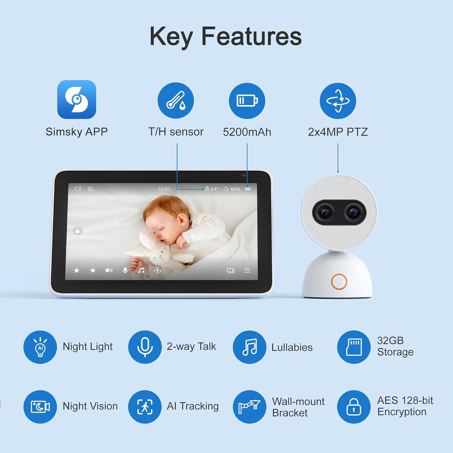 Simsky Video Baby Monitor with 2× 4MP Camera, 7" HD Touch Screen WiFi Smart Audio Monitor, 6X Optical Quality Zoom, App Remote Access, AI Tracking, Intelligence Detection, 32GB Local Storage