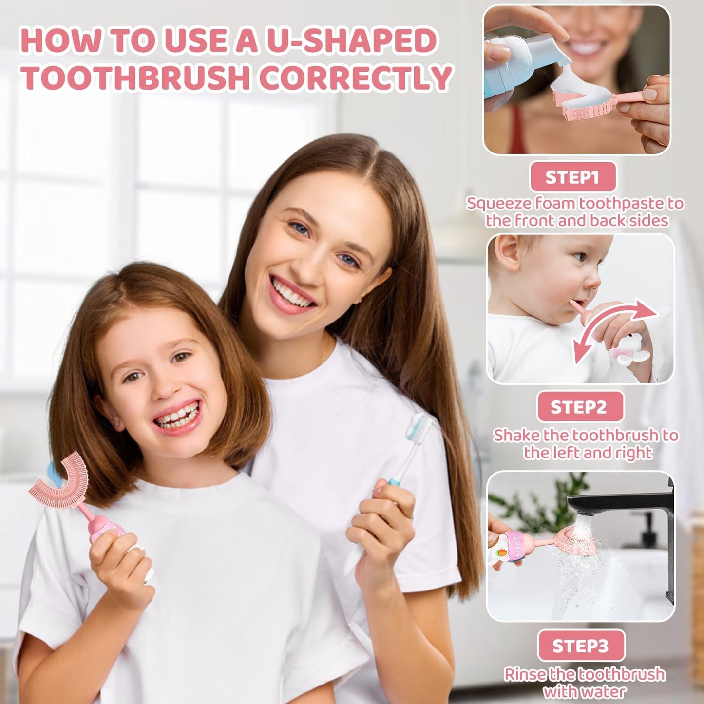 U-Shaped Toothbrush for Kids Ages 2-7,Soft Food-Grade Silicone for Sensitive Gums,360° Teeth Cleaning Design,Training & Travel-Friendly Toddler's Toothbrush (Pink)